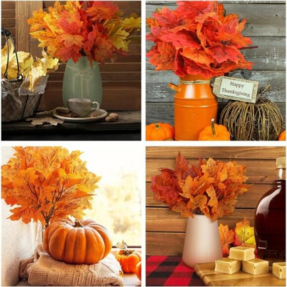 Artificial Maple Leaves Stems 8 Pack Fall Branches Faux Autumn Decor Centerpiece - Picture 4 of 7